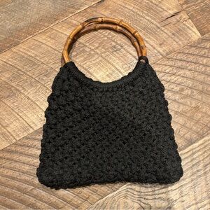 Handmade Black Crochet Bamboo Handle Purse Boho Artisan Handbag